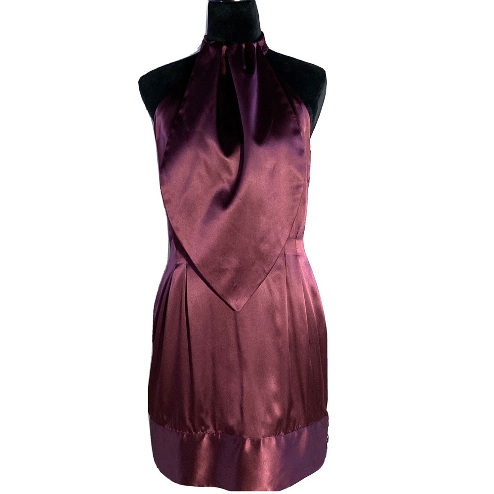 NWT Marta Baron Dress SMALL Satin Burgundy Wine Sheath Unique Ascot Button Party